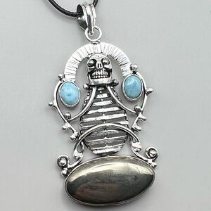 New Unique Large Skull Apache Pyrite Larimar Stone Silver Overlay Pendant